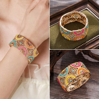 1pc Gold Plated Dopamine Style Beaded Wide Bangle Bracelet On Elastic String, Suitable For Women's Daily Wear
