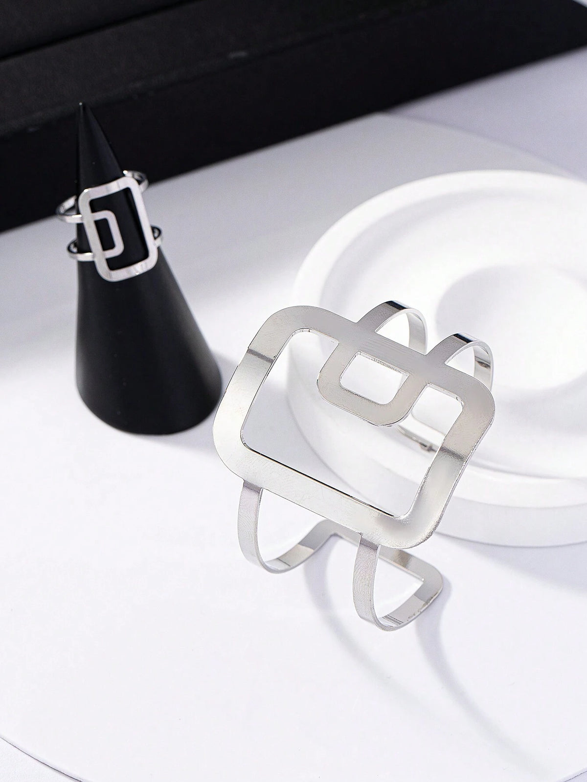 1pc Chic Geometric Bangle Bracelet And 1pc Geometric Ring