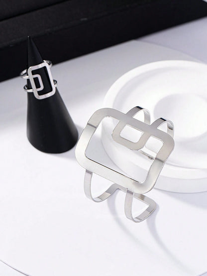 1pc Chic Geometric Bangle Bracelet And 1pc Geometric Ring