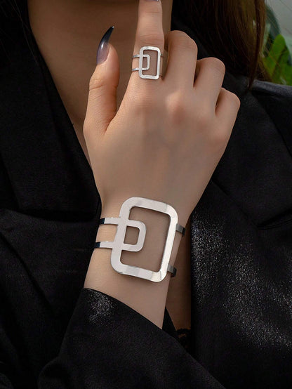 1pc Chic Geometric Bangle Bracelet And 1pc Geometric Ring