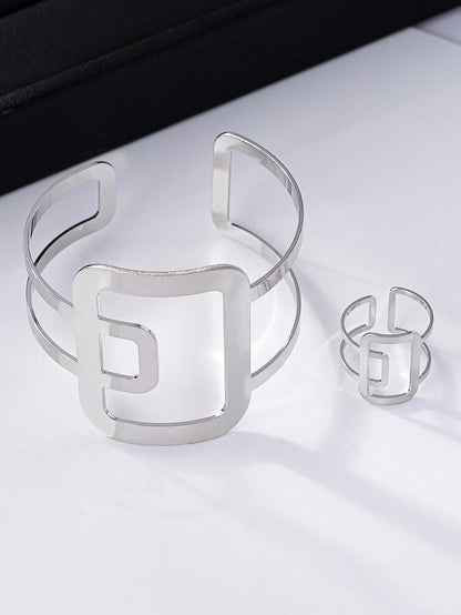 1pc Chic Geometric Bangle Bracelet And 1pc Geometric Ring