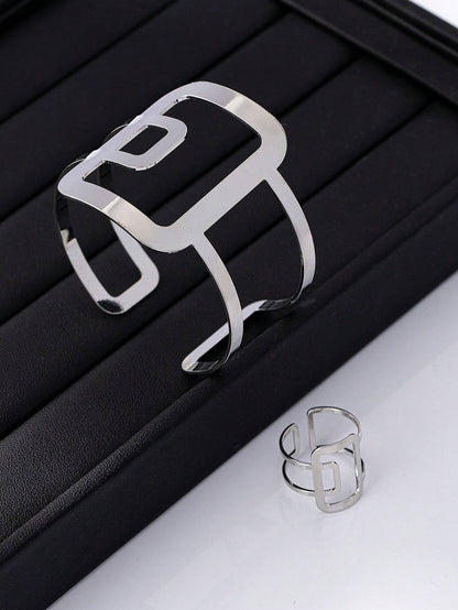 1pc Chic Geometric Bangle Bracelet And 1pc Geometric Ring