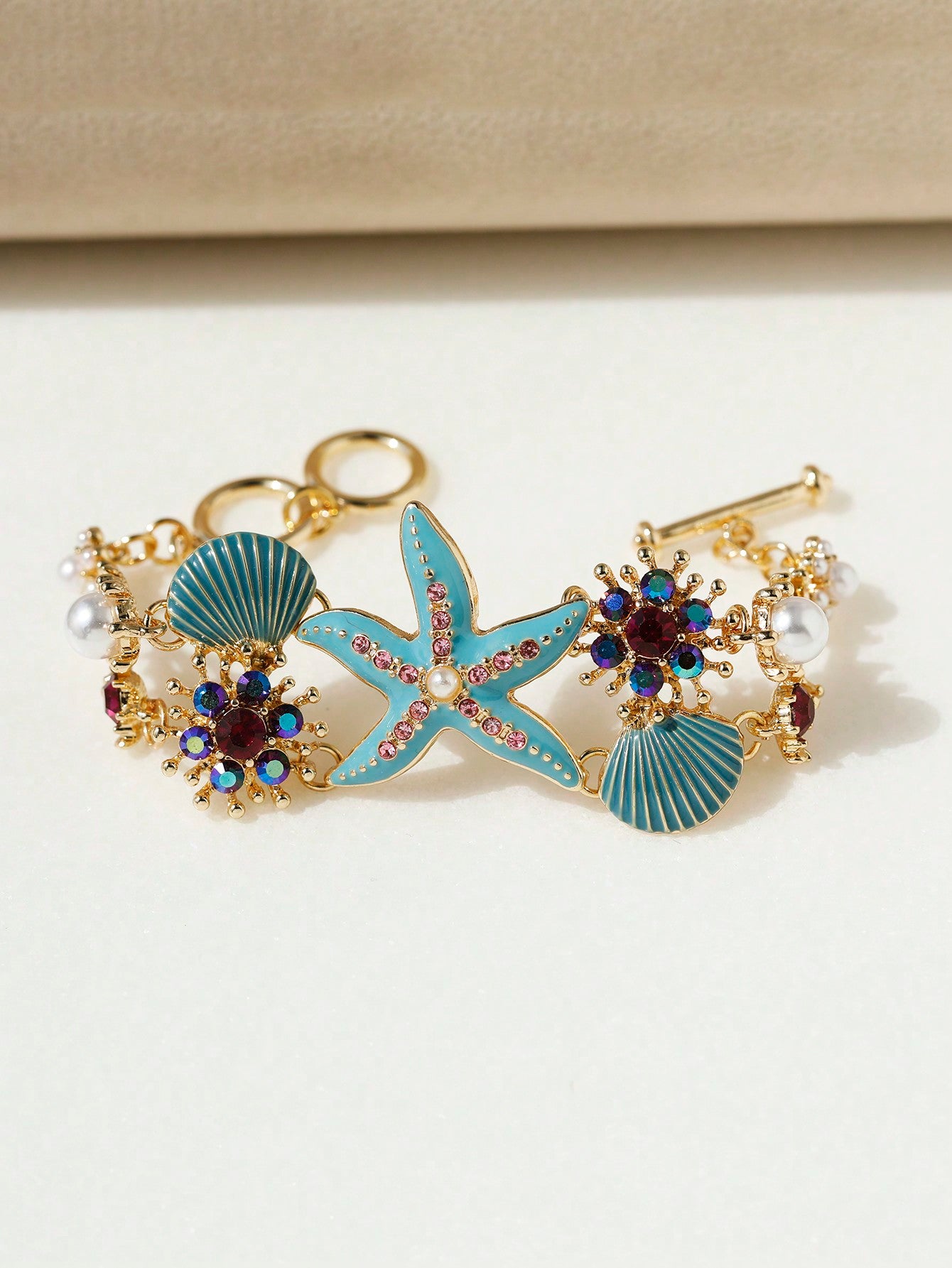 1pc Exotic Coastal Beach Style Sea Ocean Starfish & Coral Shaped Alloy & Rhinestone & Seashell Bracelet, Suitable For Women Daily Wear And Tourism