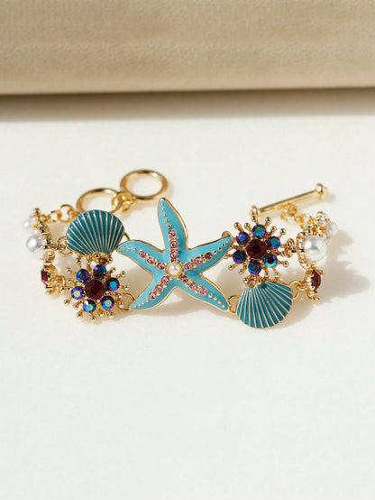1pc Exotic Coastal Beach Style Sea Ocean Starfish & Coral Shaped Alloy & Rhinestone & Seashell Bracelet, Suitable For Women Daily Wear And Tourism