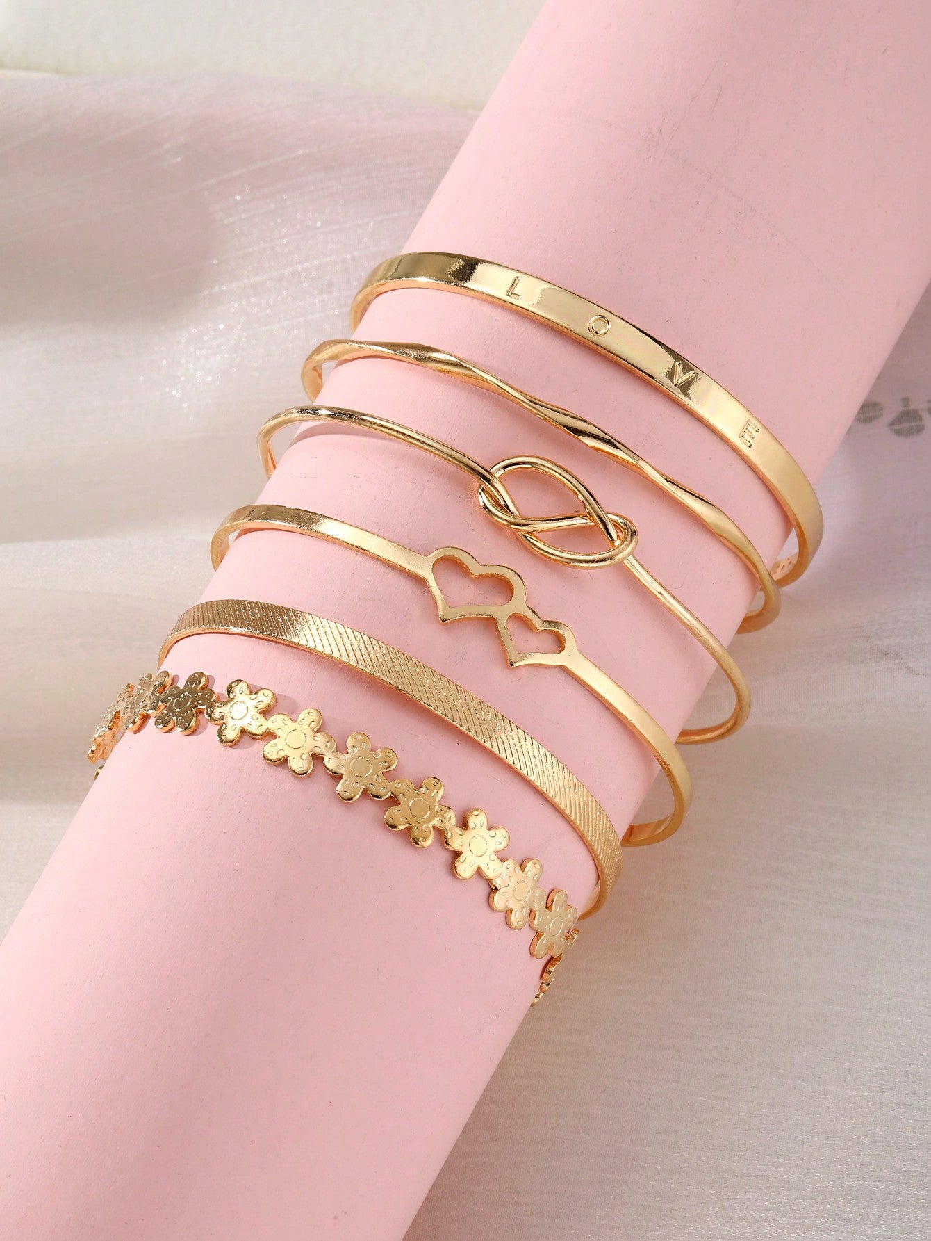 6pcs Vintage Creative Mixed Double Heart Little Flower Knot Open Bangle Bracelet Set, Women Personalized Fashionable Versatile Layered Hand Jewelry Valentines, Mom, Mother, Mother's Day, Gift