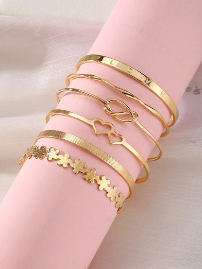 6pcs Vintage Creative Mixed Double Heart Little Flower Knot Open Bangle Bracelet Set, Women Personalized Fashionable Versatile Layered Hand Jewelry Valentines, Mom, Mother, Mother's Day, Gift