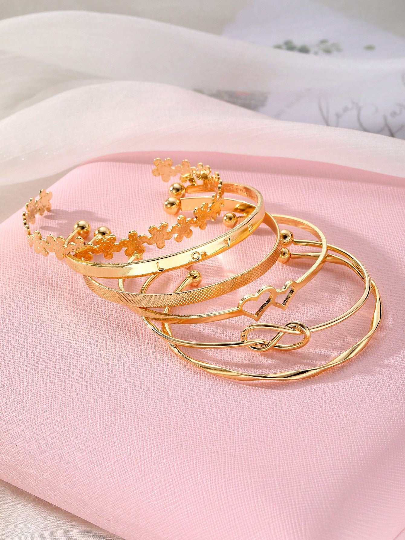 6pcs Vintage Creative Mixed Double Heart Little Flower Knot Open Bangle Bracelet Set, Women Personalized Fashionable Versatile Layered Hand Jewelry Valentines, Mom, Mother, Mother's Day, Gift