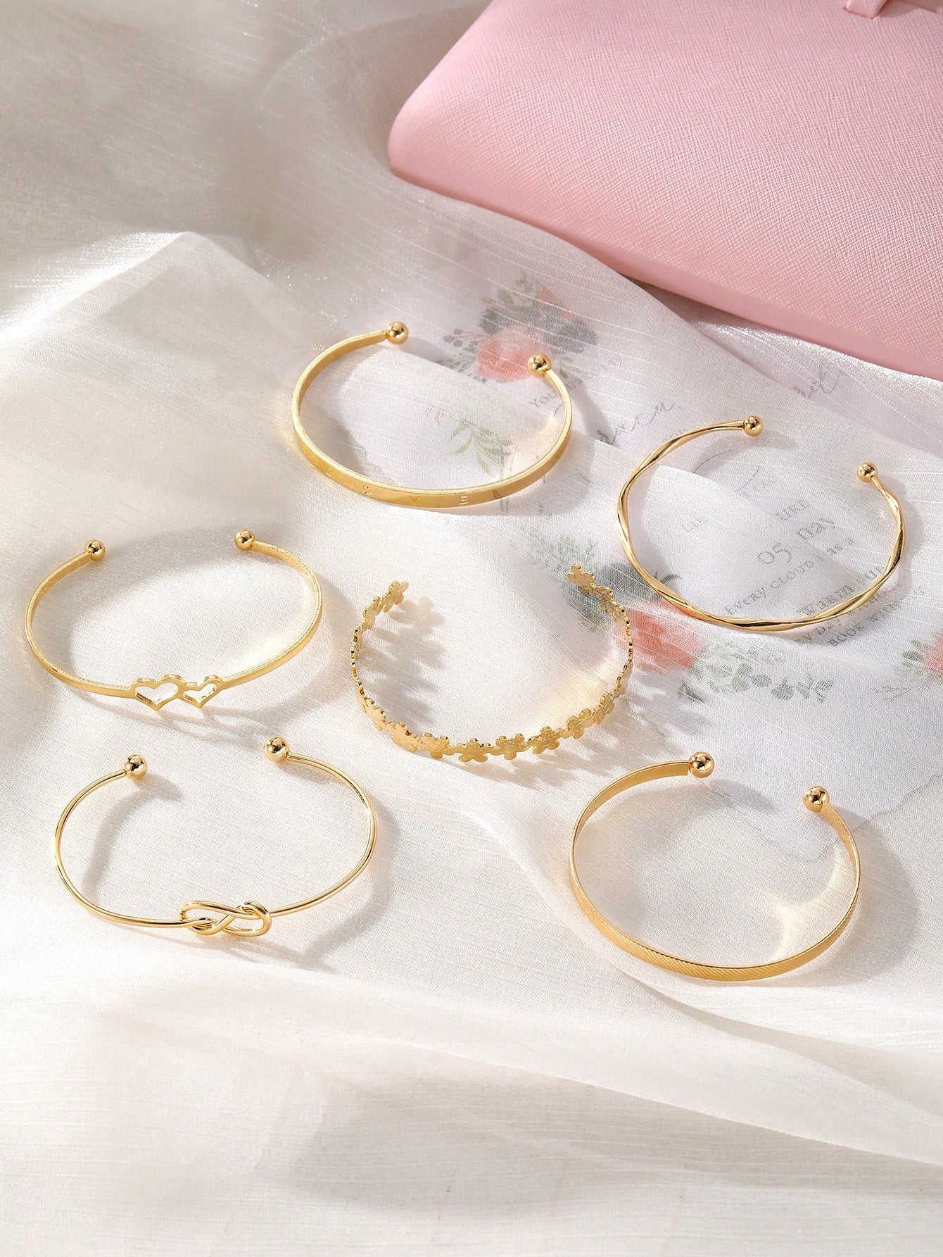 6pcs Vintage Creative Mixed Double Heart Little Flower Knot Open Bangle Bracelet Set, Women Personalized Fashionable Versatile Layered Hand Jewelry Valentines, Mom, Mother, Mother's Day, Gift