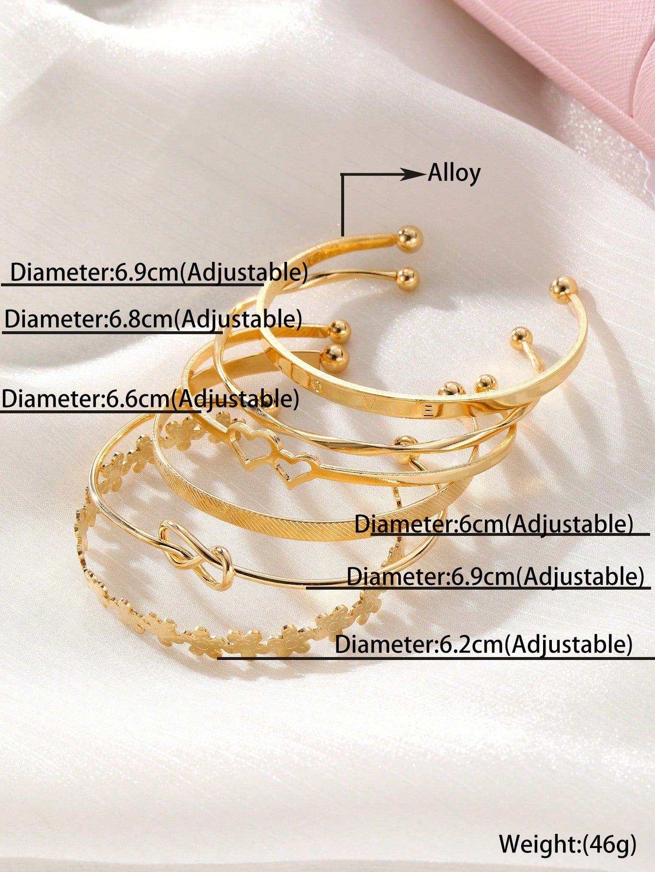 6pcs Vintage Creative Mixed Double Heart Little Flower Knot Open Bangle Bracelet Set, Women Personalized Fashionable Versatile Layered Hand Jewelry Valentines, Mom, Mother, Mother's Day, Gift