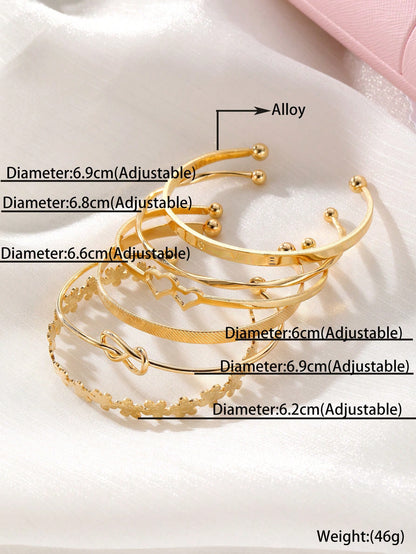 6pcs Vintage Creative Mixed Double Heart Little Flower Knot Open Bangle Bracelet Set, Women Personalized Fashionable Versatile Layered Hand Jewelry Valentines, Mom, Mother, Mother's Day, Gift