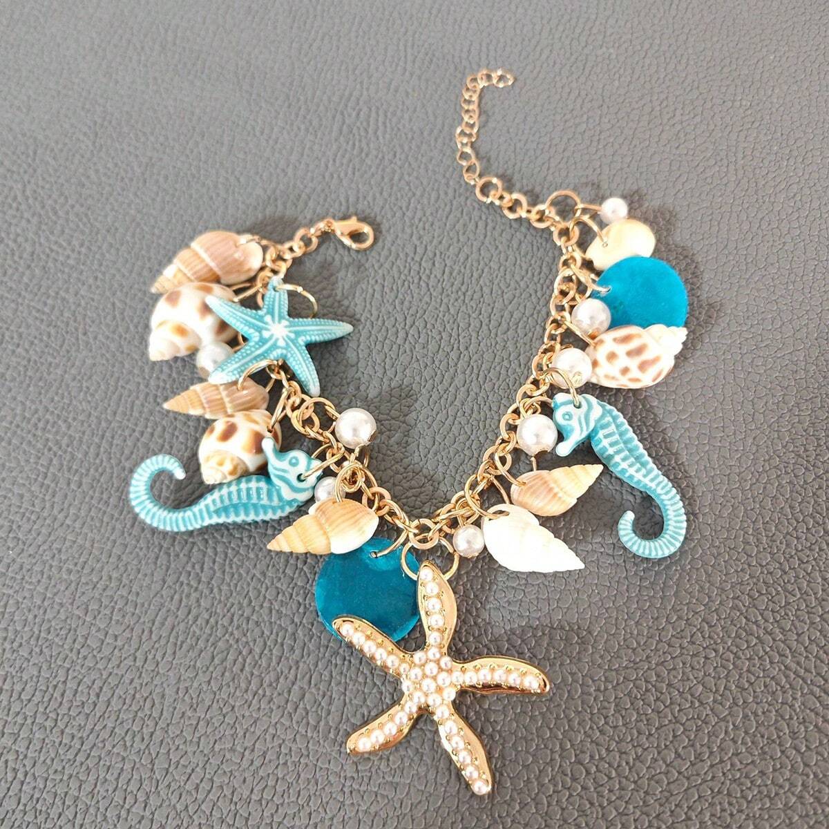 1pc Bohemian Style Alloy & Pearl Decor Starfish Bracelet For Women, Summer Beach