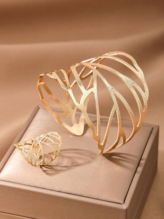 2pcs/Set European And American Creative Metal Design Hollow Out Leaf Shaped Open Ring And Bracelet Set For Women's Jewelry