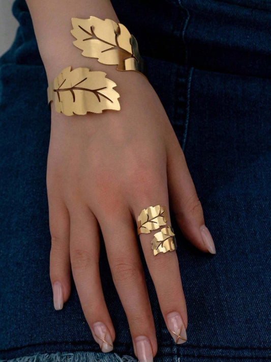 1 Set European And American Fashionable Hollowed-Out Leaf Collection Adjustable Bracelet And Ring For Women, Personalized Simple Design, Versatile