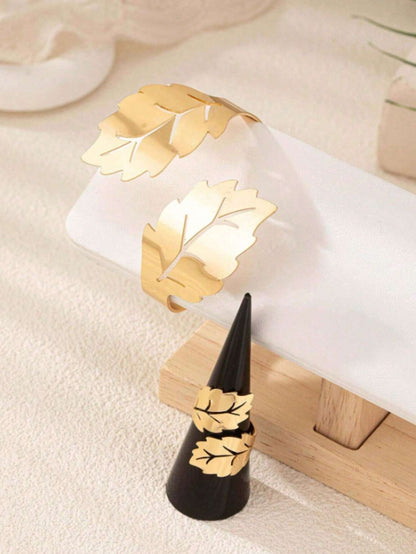 1 Set European And American Fashionable Hollowed-Out Leaf Collection Adjustable Bracelet And Ring For Women, Personalized Simple Design, Versatile