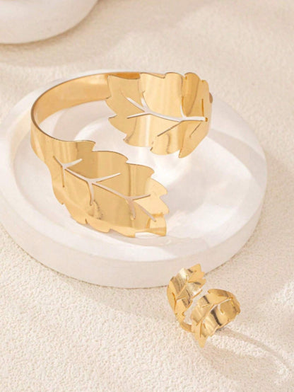 1 Set European And American Fashionable Hollowed-Out Leaf Collection Adjustable Bracelet And Ring For Women, Personalized Simple Design, Versatile