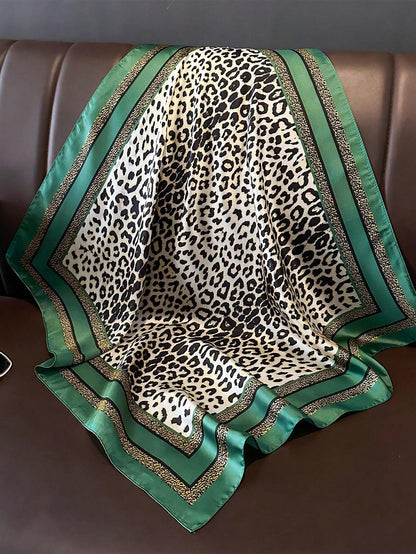 1 pieza Pañuelo de seda estampado de moda para mujer, uso en ambos lados, pañuelo de cuello, chal envolvente elegante, bandana con estampado de leopardo