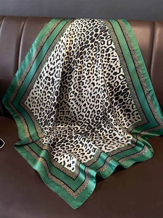 1 pieza Pañuelo de seda estampado de moda para mujer, uso en ambos lados, pañuelo de cuello, chal envolvente elegante, bandana con estampado de leopardo