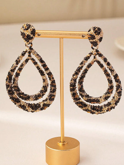 1 Pair Of Personalized European And American Style Double Layered Water Droplet Leopard Print Earrings Suitable For Daily Commuting And Banquet Activities