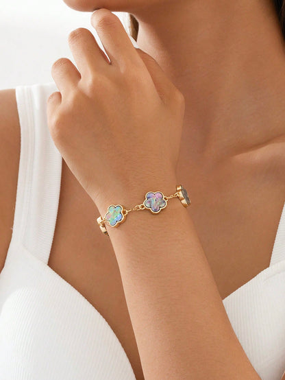 1pc Metallic Vintage Style Lucky 4-Leaf Clover Bracelet, Wedding Gift For Women Valentines