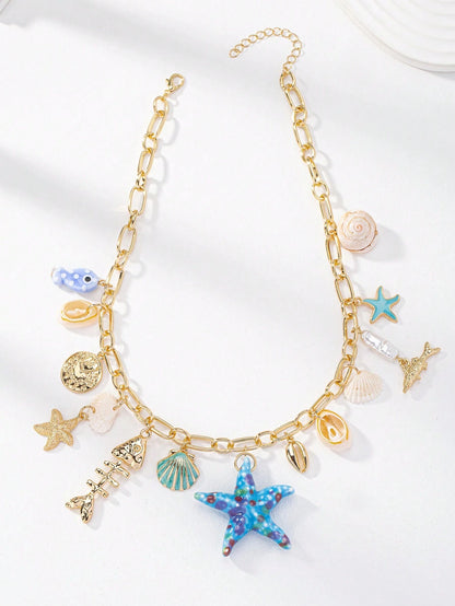 1pc Handmade Starfish & Marine Life Charms Summer Necklace For Vacation (Shape And Color May Vary)