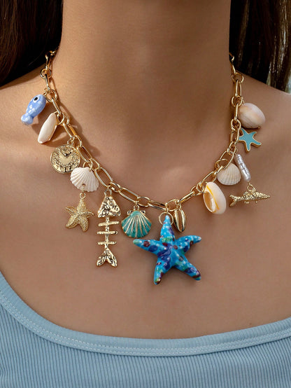1pc Handmade Starfish & Marine Life Charms Summer Necklace For Vacation (Shape And Color May Vary)