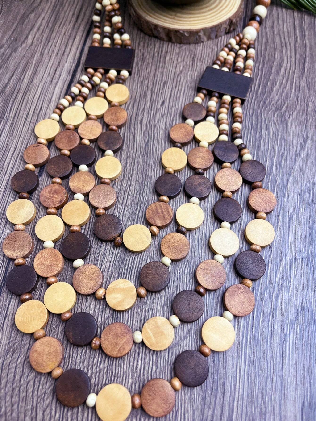 Bohemian Style Wooden Bead Handmade Multi-Layer Necklace & Earrings Set
