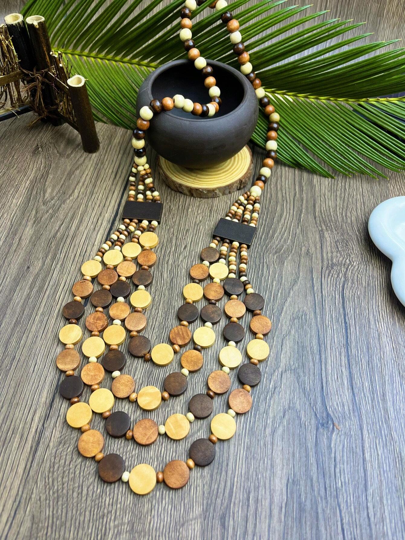 Bohemian Style Wooden Bead Handmade Multi-Layer Necklace & Earrings Set