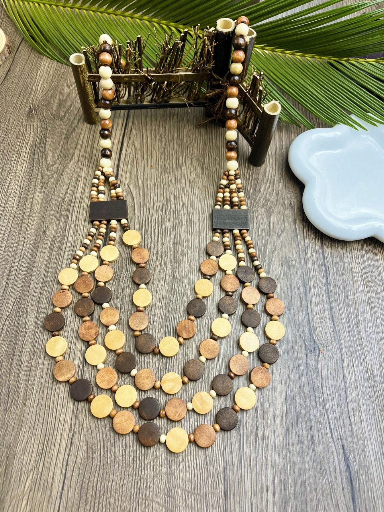 Bohemian Style Wooden Bead Handmade Multi-Layer Necklace & Earrings Set