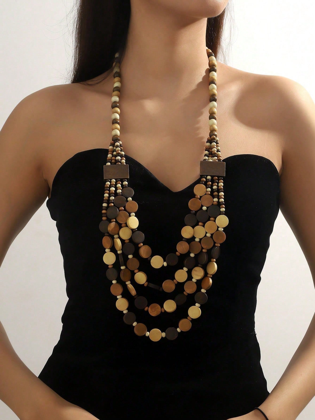 Bohemian Style Wooden Bead Handmade Multi-Layer Necklace & Earrings Set