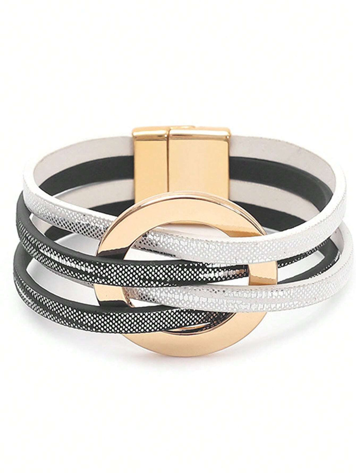 1 pièce Bracelet femme de style européen et américain, multicouche en PU, avec un anneau rond en alliage grande taille et fermoir magnétique, noir et blanc