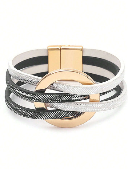 1 pièce Bracelet femme de style européen et américain, multicouche en PU, avec un anneau rond en alliage grande taille et fermoir magnétique, noir et blanc