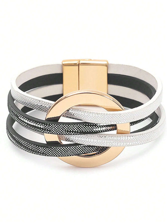 1 pièce Bracelet femme de style européen et américain, multicouche en PU, avec un anneau rond en alliage grande taille et fermoir magnétique, noir et blanc