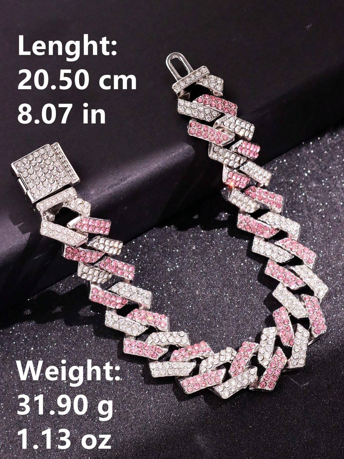 1pc Silver Metal Bracelet With Pink Rhinestones, Men Jewelry