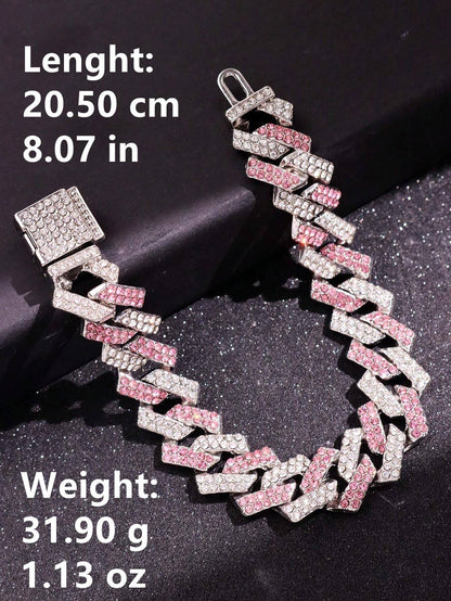 1pc Silver Metal Bracelet With Pink Rhinestones, Men Jewelry