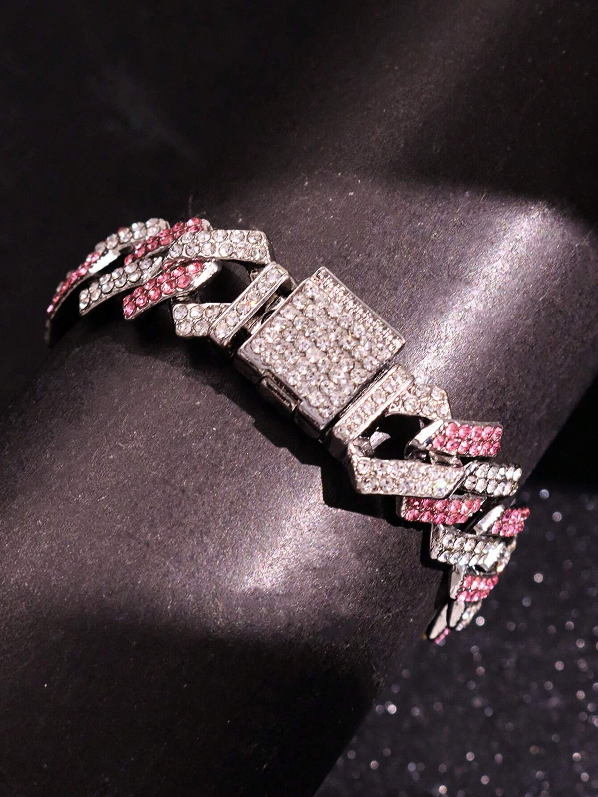 1pc Silver Metal Bracelet With Pink Rhinestones, Men Jewelry