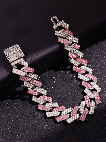 1pc Silver Metal Bracelet With Pink Rhinestones, Men Jewelry