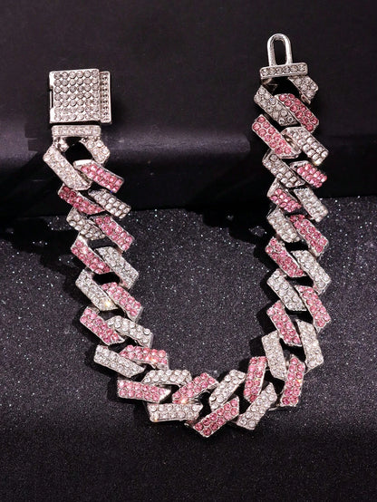 1pc Silver Metal Bracelet With Pink Rhinestones, Men Jewelry