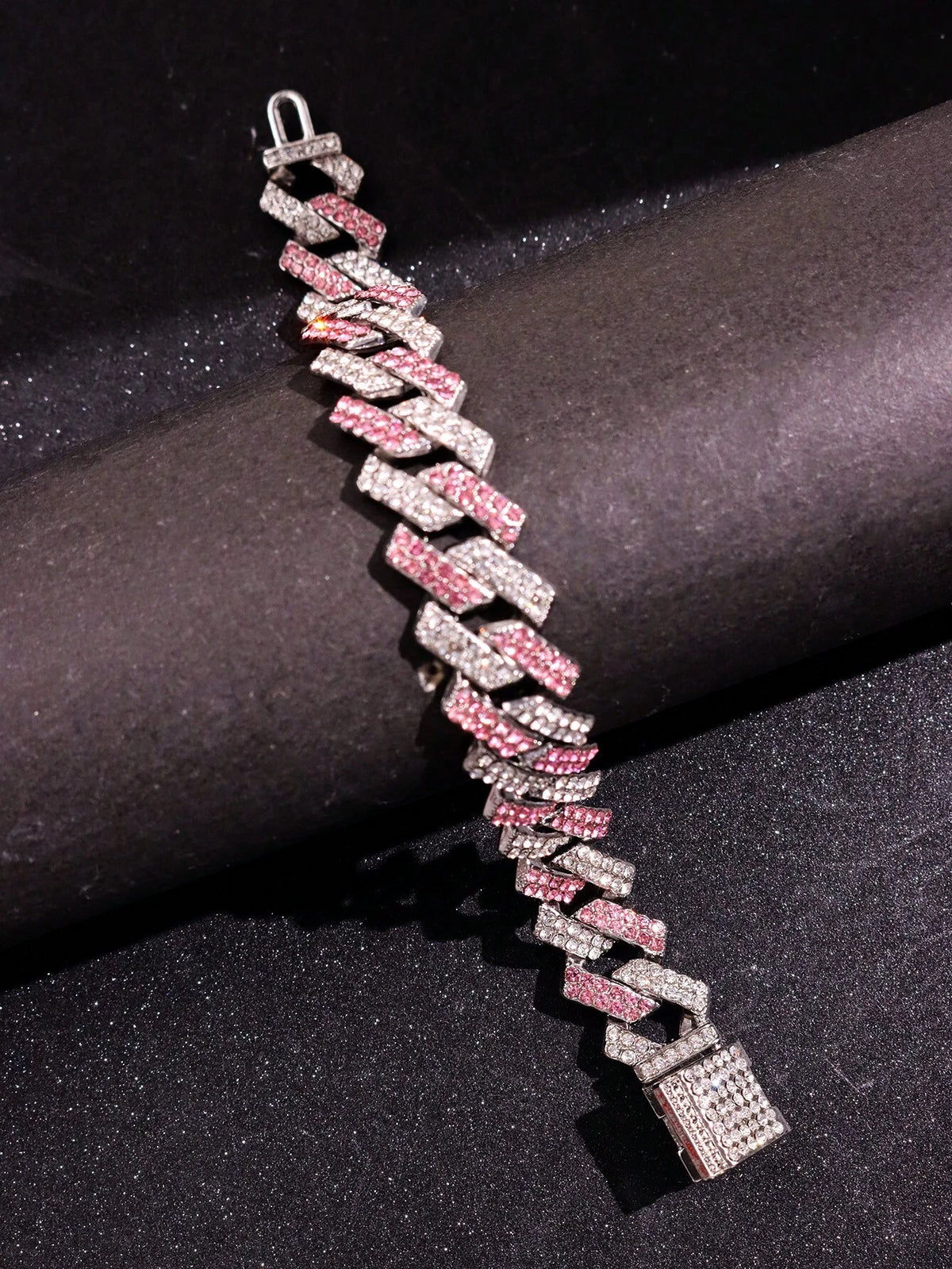 1pc Silver Metal Bracelet With Pink Rhinestones, Men Jewelry