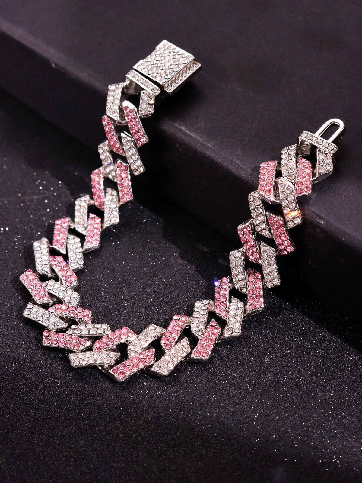 1pc Silver Metal Bracelet With Pink Rhinestones, Men Jewelry