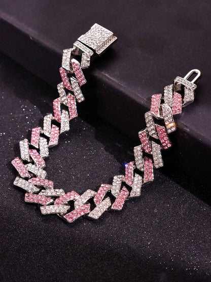 1pc Silver Metal Bracelet With Pink Rhinestones, Men Jewelry