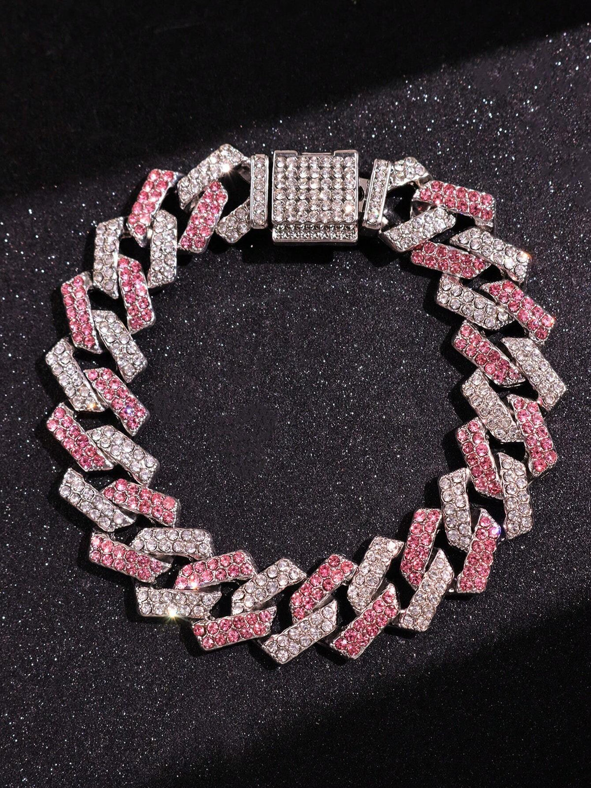 1pc Silver Metal Bracelet With Pink Rhinestones, Men Jewelry