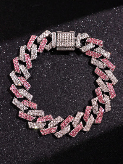 1pc Silver Metal Bracelet With Pink Rhinestones, Men Jewelry