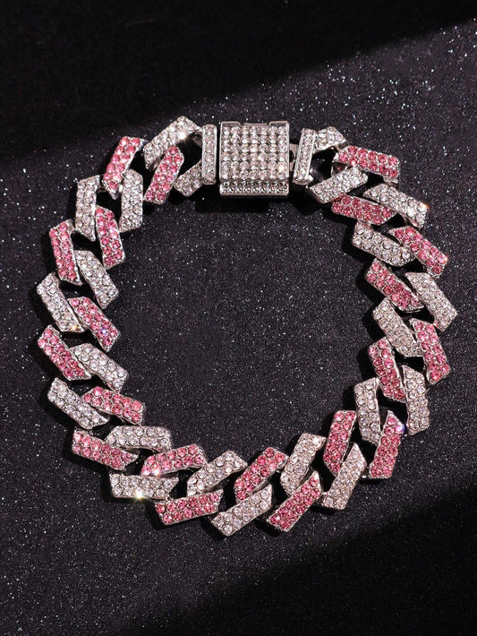 1pc Silver Metal Bracelet With Pink Rhinestones, Men Jewelry