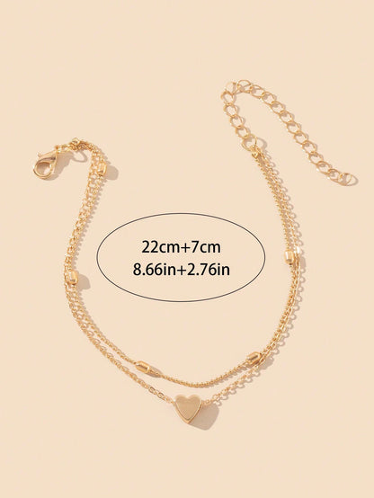 1pc European And American Fashion Minimalist Double-Layer Heart-Shaped Anklet, Suitable For Women's Beach Outings, Daily Commute, Work Gatherings, Birthday Gifts