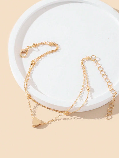 1pc European And American Fashion Minimalist Double-Layer Heart-Shaped Anklet, Suitable For Women's Beach Outings, Daily Commute, Work Gatherings, Birthday Gifts