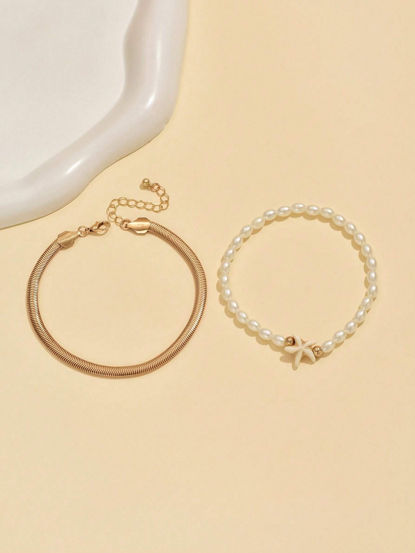 2pcs Set Fashionable Gold Snake Chain Starfish Decor Adjustable Expandable Woven Multilayer Anklet With Faux Pearl Beads, Suitable For Women Daily And Holiday Wear