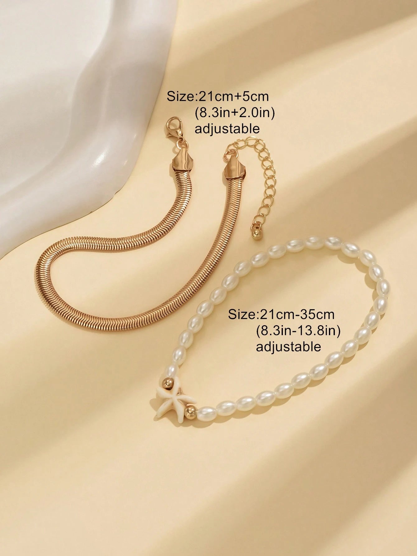 2pcs Set Fashionable Gold Snake Chain Starfish Decor Adjustable Expandable Woven Multilayer Anklet With Faux Pearl Beads, Suitable For Women Daily And Holiday Wear