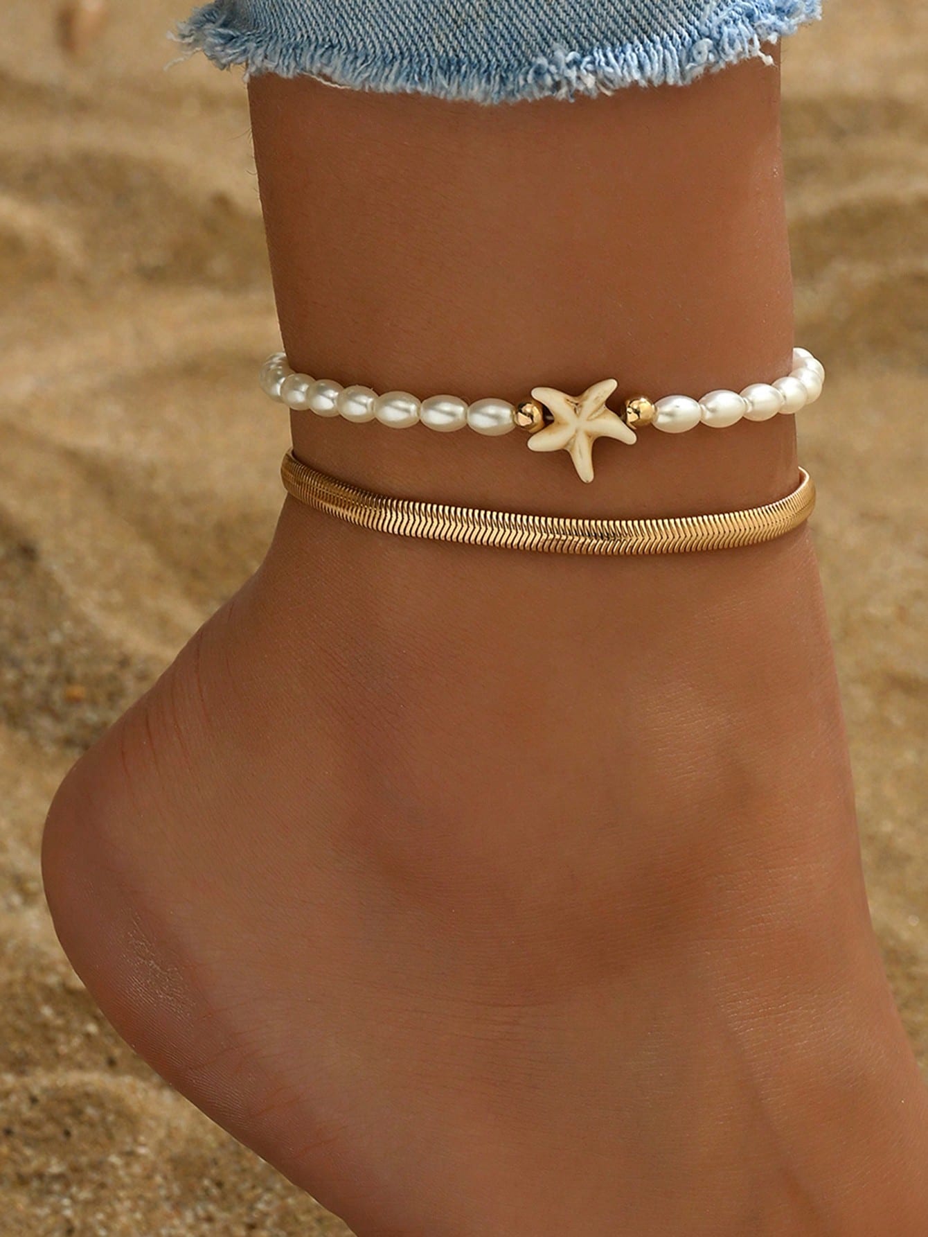 2pcs Set Fashionable Gold Snake Chain Starfish Decor Adjustable Expandable Woven Multilayer Anklet With Faux Pearl Beads, Suitable For Women Daily And Holiday Wear