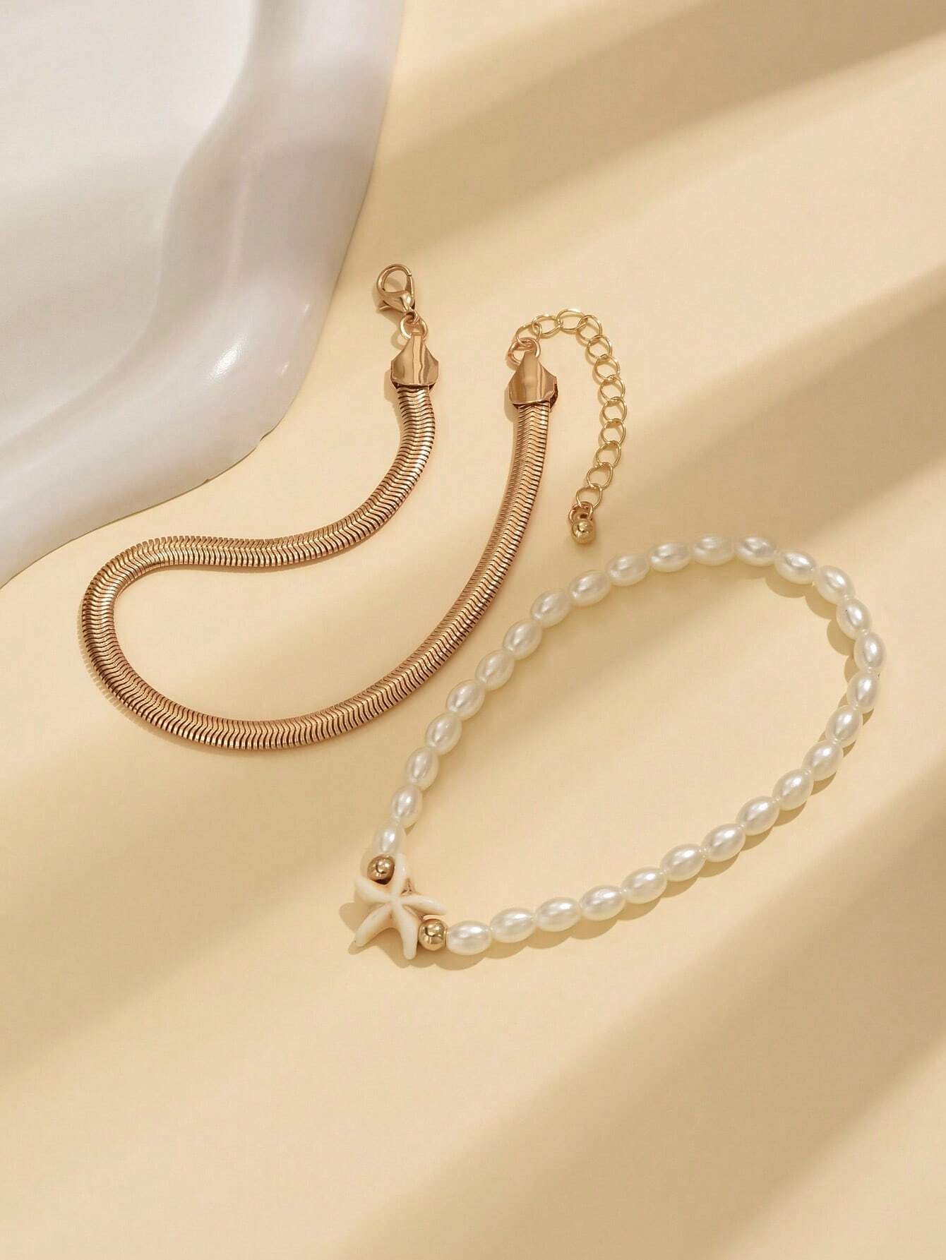 2pcs Set Fashionable Gold Snake Chain Starfish Decor Adjustable Expandable Woven Multilayer Anklet With Faux Pearl Beads, Suitable For Women Daily And Holiday Wear