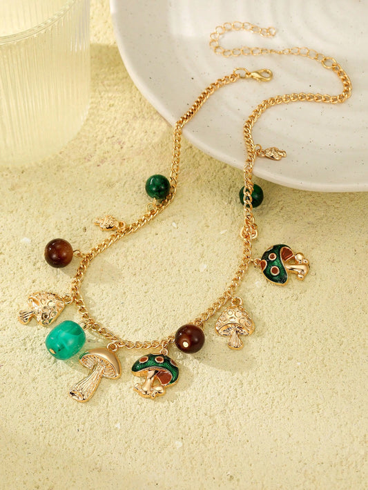 1pc Women's Bohemian Style Alloy Small Mushroom Pendant Chain Necklace